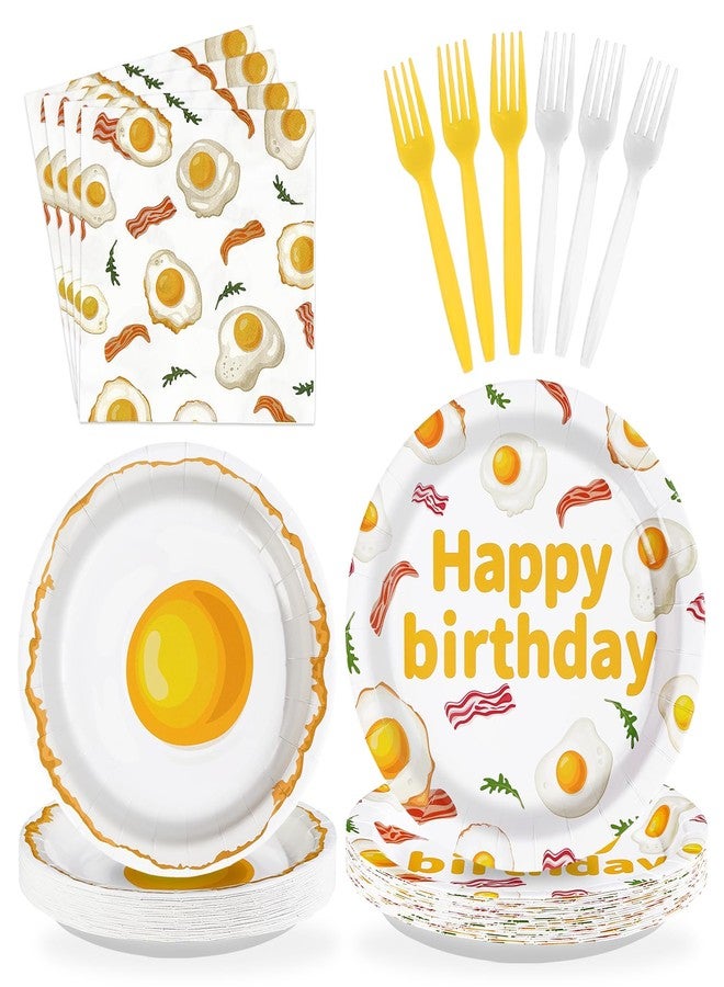 Greencian 96Pcs Breakfast Birthday Decorations Bacon Fried Egg Plates and Napkins Xmas Brunch Theme Birthday Decoration Favors for Kids Adults Bday Baby Shower BBQ Picnic Holiday Party Supplies Serves 24 - Image 1